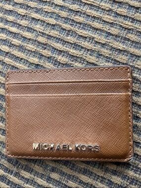 Michael Kors Brown Saffiano Leather Card Holder with Silver Logo